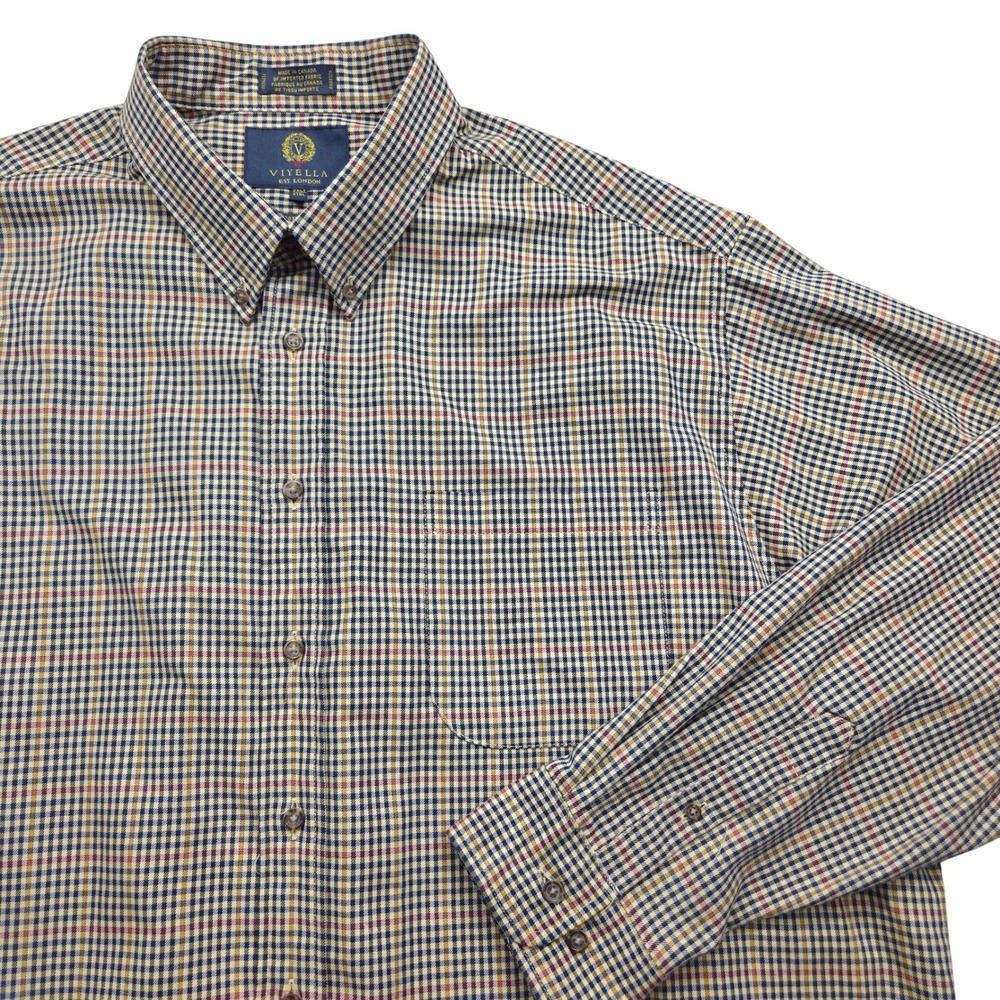VIYELLA Button Down Long Sleeve Wool Blend Shirt Tan Blue Plaid Mens 2XLT
